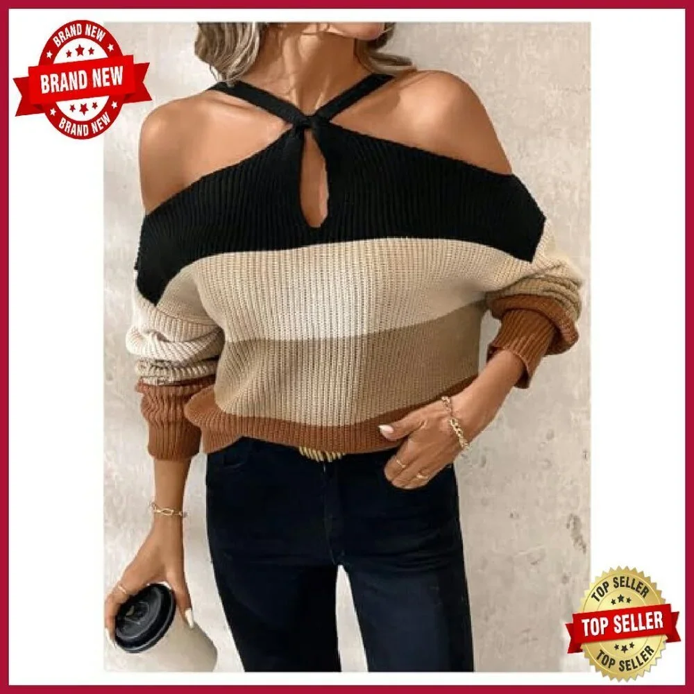 Women's Cold Shoulder Pullover Sweater Color Block Knit Top Long Sleeve_5